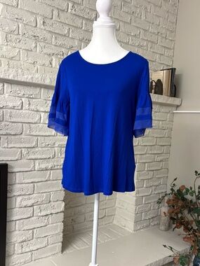 Cable & Gauge Royal Blue Short Sleeve Ruffle Stripe Top Size Medium
